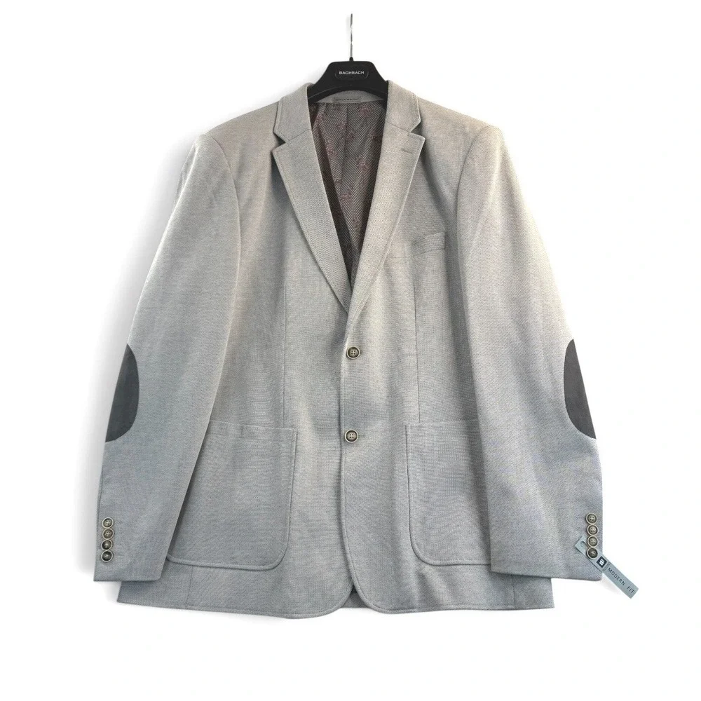 Bachrach Sport Coat 46R Blazer Light Gray Modern Fit Elbow Patches Flamingos NEW